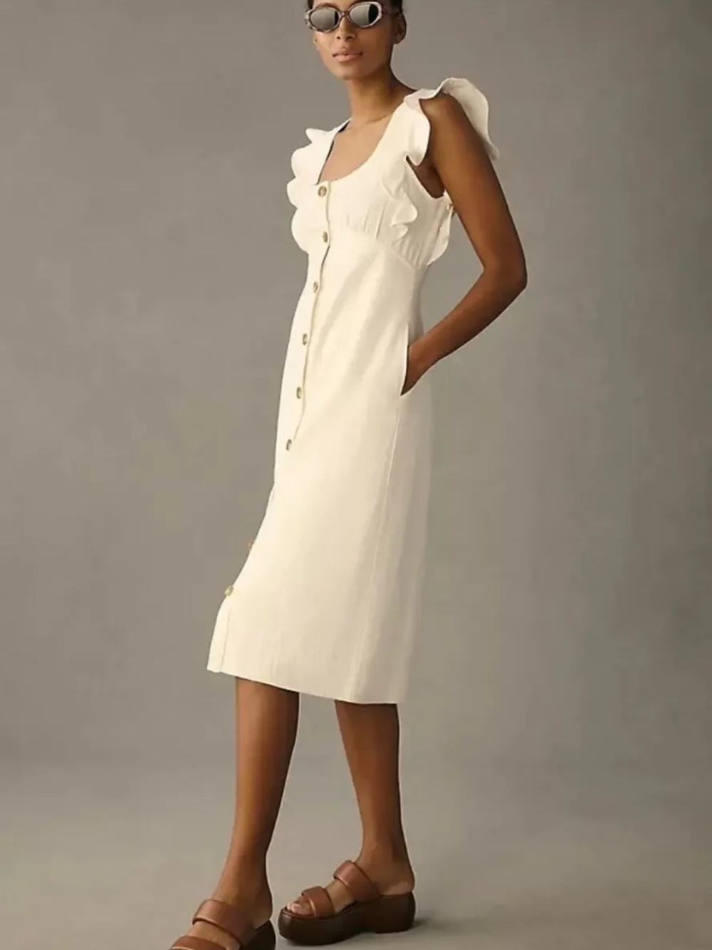 Pilcro Ruffled Shoulder Scoop Neck Button-Front Midi Dress in Cream 0